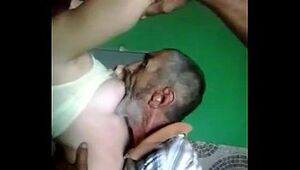 Old man sucking boobs of young girl